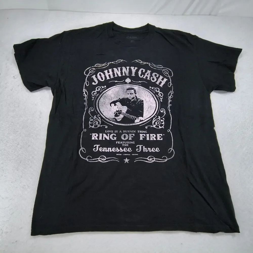 Johnny Cash Ring of Fire Band Crew Neck Short Sleeve Shirt Mens Size L Black